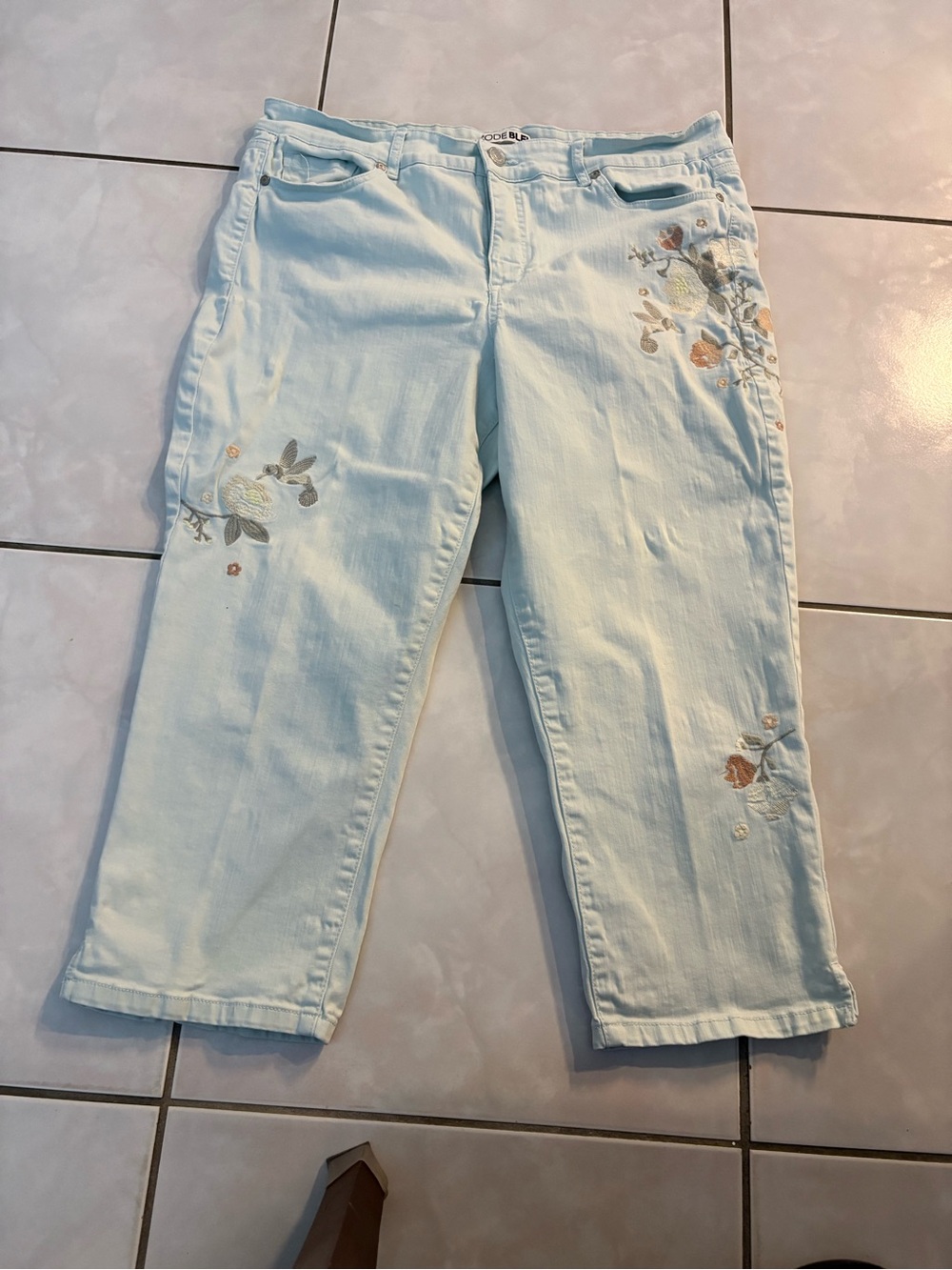 Code Bleu Light Blue Cropped Embroidered Jeans